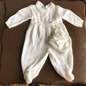 1970s White Acrylic Baby Romper with Bonnet